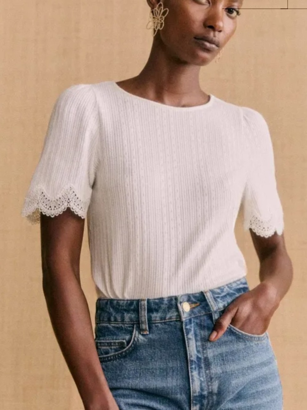 Sezane NWT. Clea White Short-Sleeve Ribbed Top with Lace-Trim Sleeves XXL